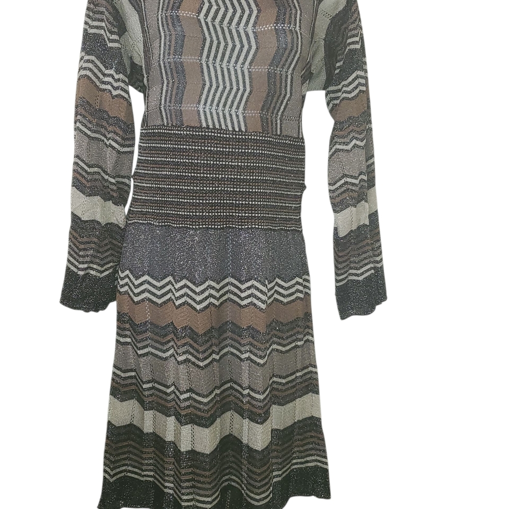 Laundry By Shelli Segal Long Sleeve Zigzag Dress - Black, Gray, Cream